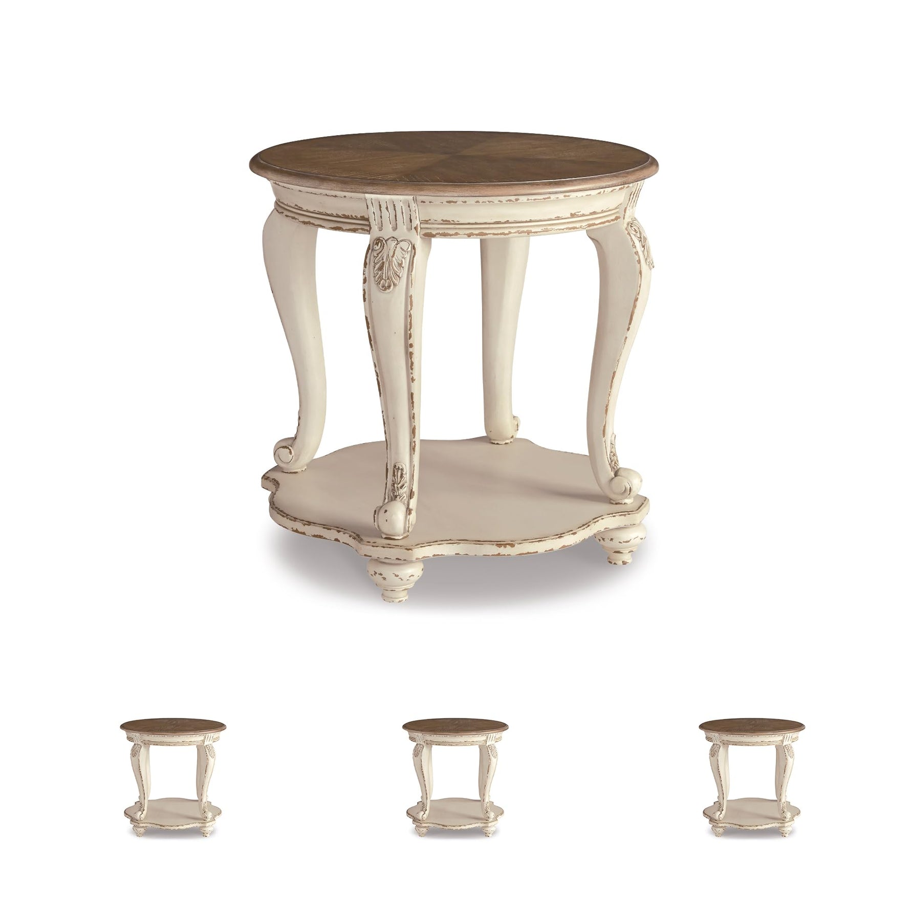 Signature Design by Ashley Realyn Round End Table, Cottage-Style Side Table with Antiqued Two-Tone Finish, Wood & Veneer Construction for Living Room or Bedroom, White/Brown