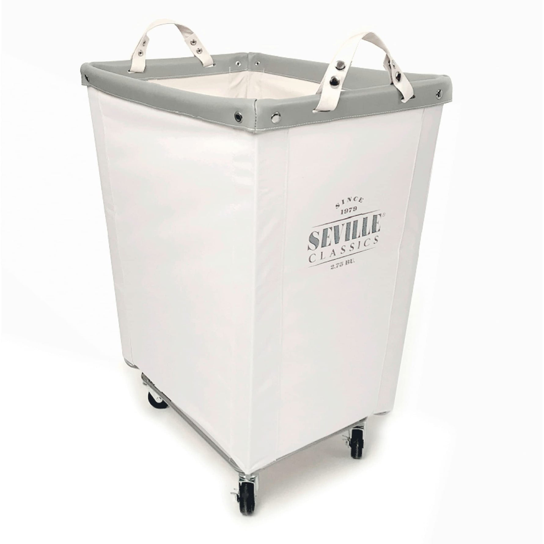 Corner Heavy-Duty Canvas Hamper w/Wheels, 24"W x 17.7"D, Natural White | Space-saving corner design holds 3 to 4 loads of laundry with a durable steel frame, smooth-rolling locking wheels
