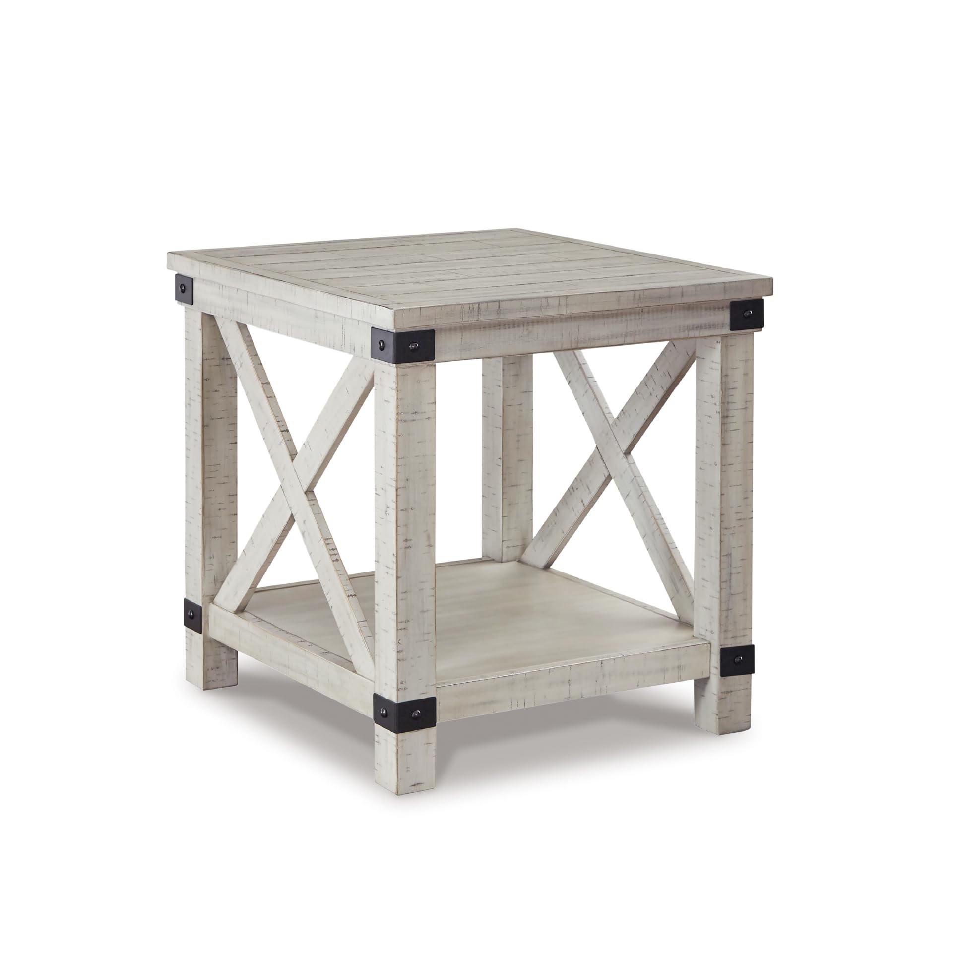 Signature Design by Ashley Aldwin Casual Farmhouse Rectangular End Table with Crossbuck Details, Metal Bracket Accents, Wood, 25" High, Weathered Gray