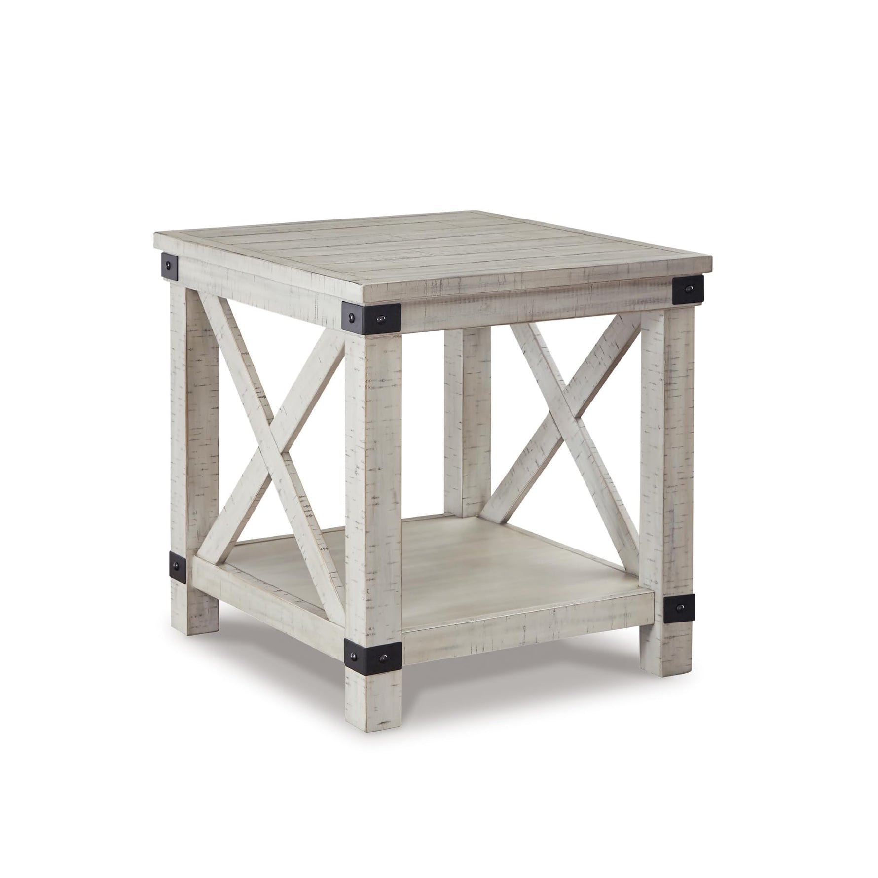 Signature Design by Ashley Aldwin Casual Farmhouse Rectangular End Table with Crossbuck Details, Metal Bracket Accents, Wood, 25" High, Weathered Gray