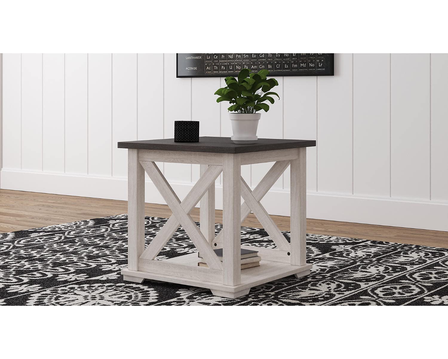 Signature Design by Ashley Aldwin Casual Farmhouse Rectangular End Table with Crossbuck Details, Metal Bracket Accents, Wood, 25" High, Weathered Gray