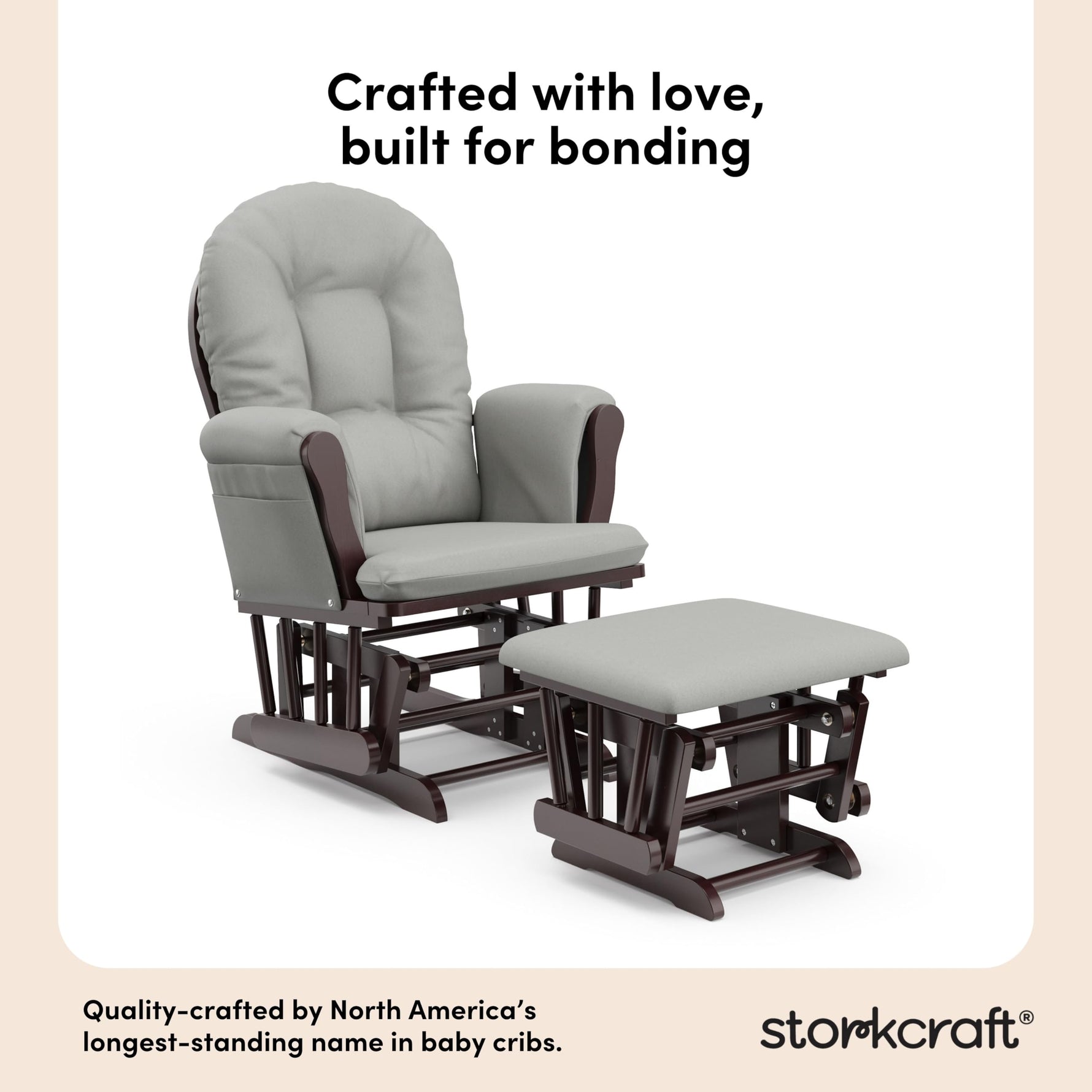 Storkcraft Premium Hoop Glider & Ottoman (Espresso with Beige) — GREENGUARD Gold Certified, Solid Wood Craftsmanship, Convenient Storage Pockets, Glider Rocking Chair for Nursery, Multi-Award-Winning