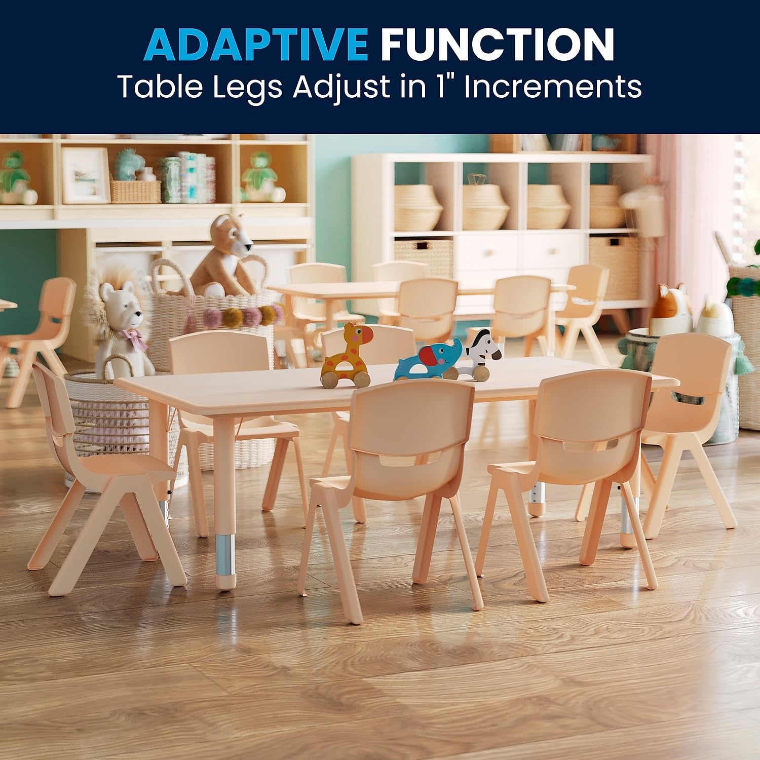Flash Furniture Emmy Adjustable Classroom Activity Table with 6 Stackable Chairs, Plastic Activity Table for Kids, 23.625" W x 47.25" L, Blue/Gray