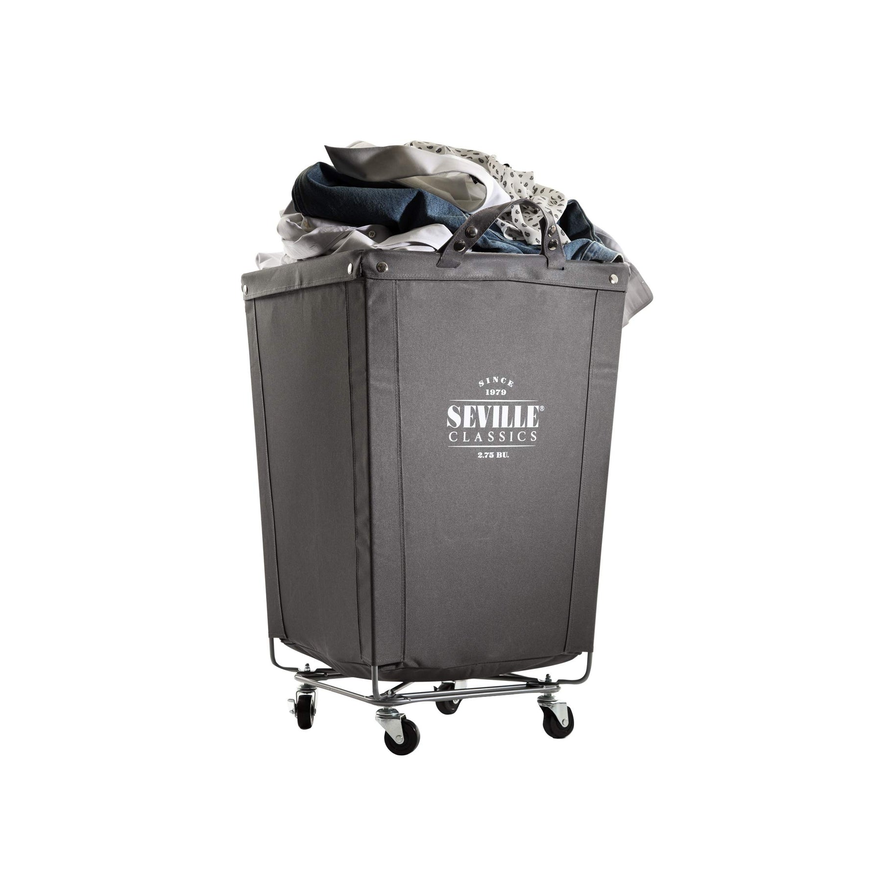 Corner Heavy-Duty Canvas Hamper w/Wheels, 24"W x 17.7"D, Natural White | Space-saving corner design holds 3 to 4 loads of laundry with a durable steel frame, smooth-rolling locking wheels