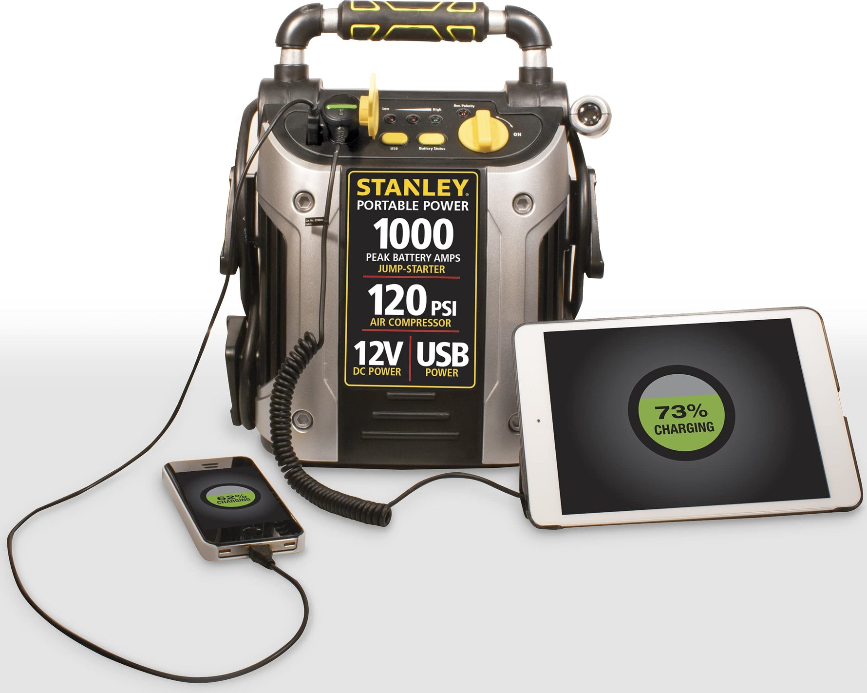 STANLEY J5C09 1000 Peak Amp Automotive Jump Starter, Portable Power – 2.1A/10W USB Port, 12V Outlet, 120 PSI Air Compressor for Tires, Bikes & Sports Equipment