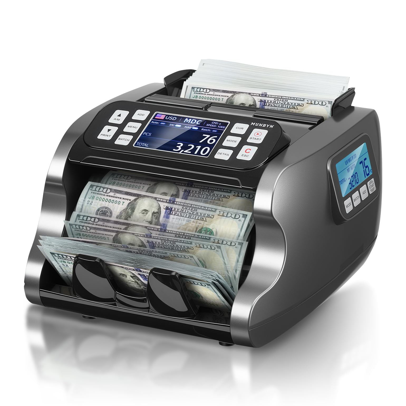 MUNBYN IMC22 Money Counter Machine Mixed Denomination, Dual-Display, CIS/UV/IR/MG Counterfeit Detection Bill Counter, USD, MXN, EUR, CAD Cash Counter for Business, Merchant, 2Y Protect (Black)