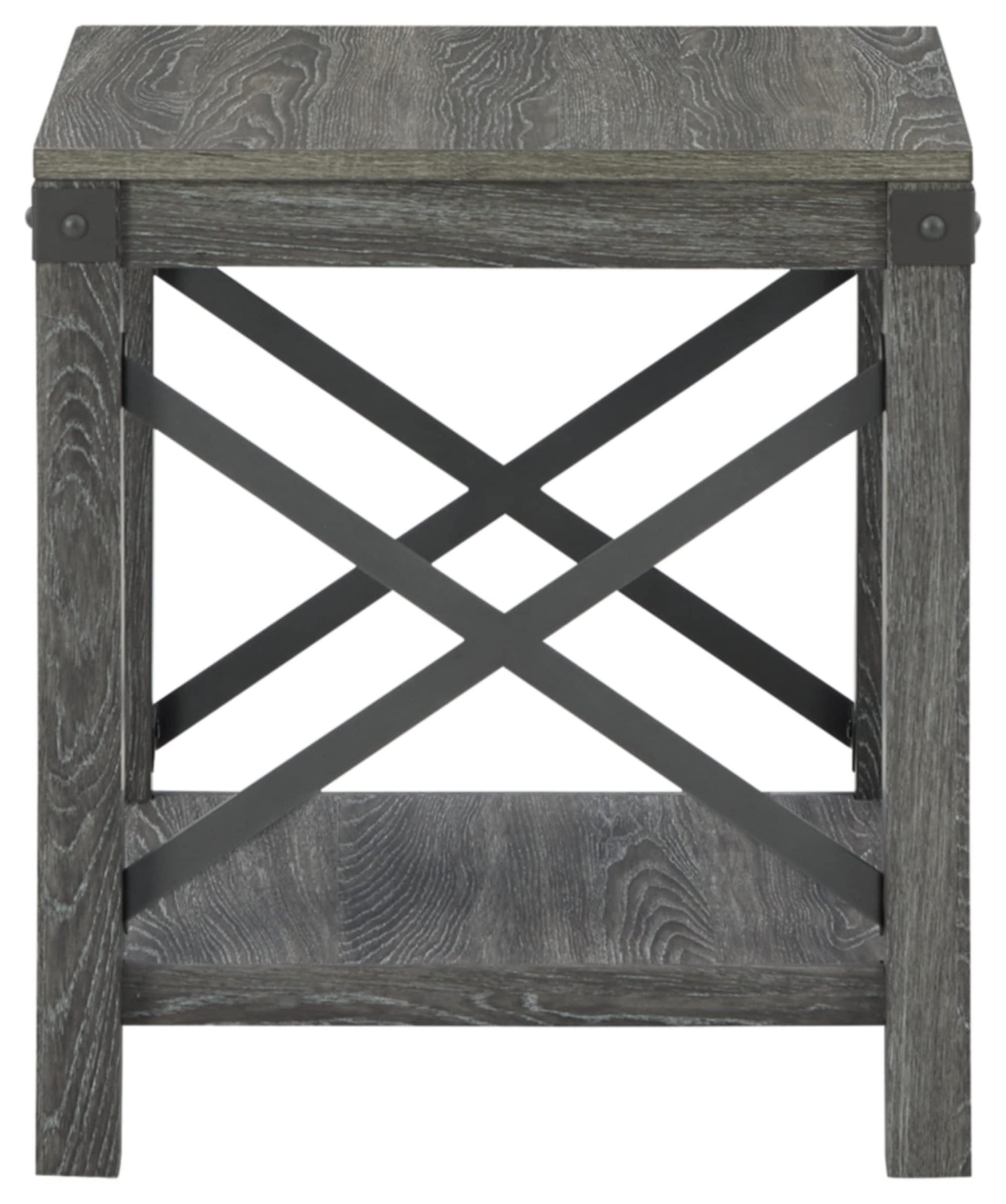 Signature Design by Ashley Aldwin Casual Farmhouse Rectangular End Table with Crossbuck Details, Metal Bracket Accents, Wood, 25" High, Weathered Gray
