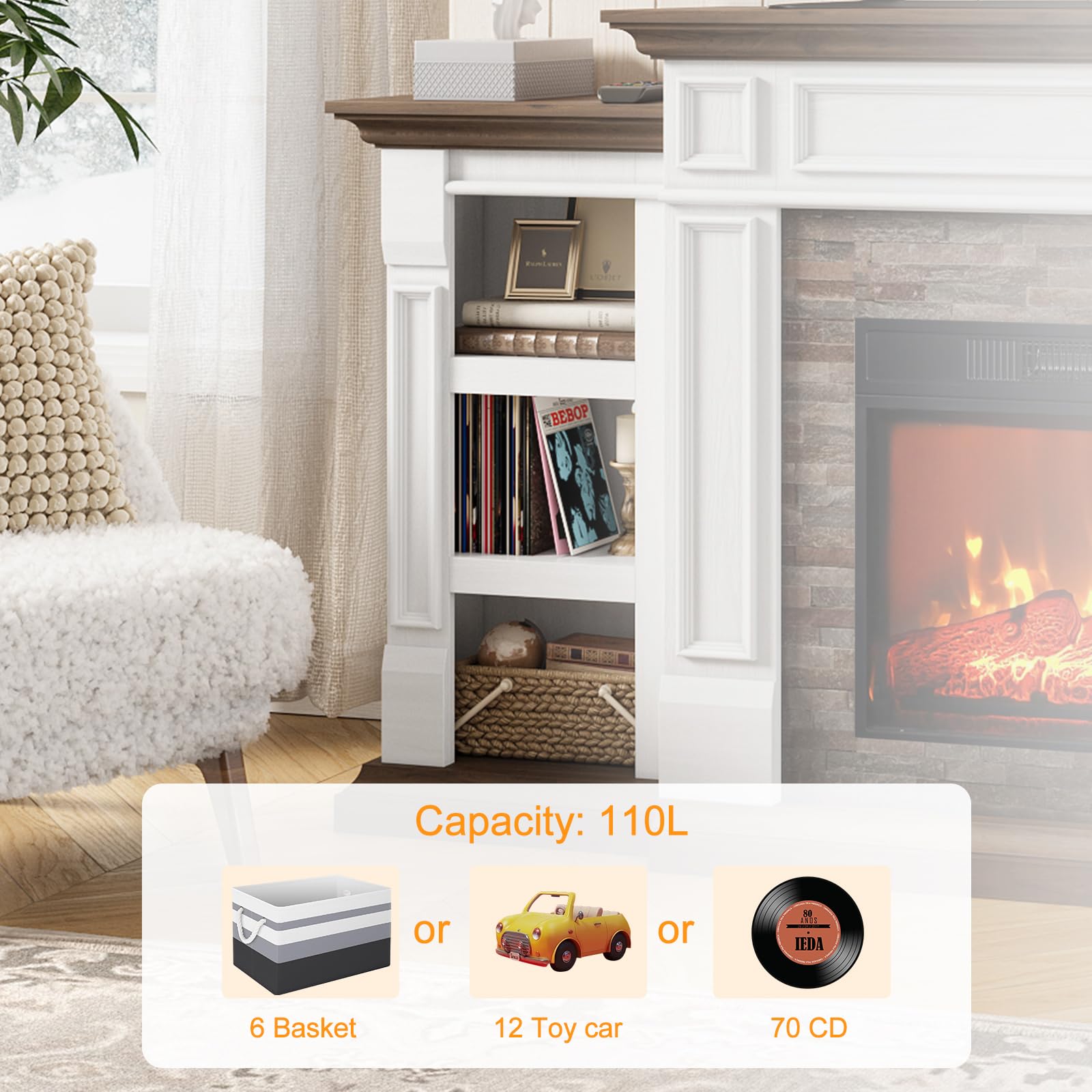 Naice 72" Electric Fireplace with Mantel and Cabinets, Fireplace TV Stand for Living Room Bedroom, Stacked Stone Surround and Remote Control 3D Realistic Flame, Black