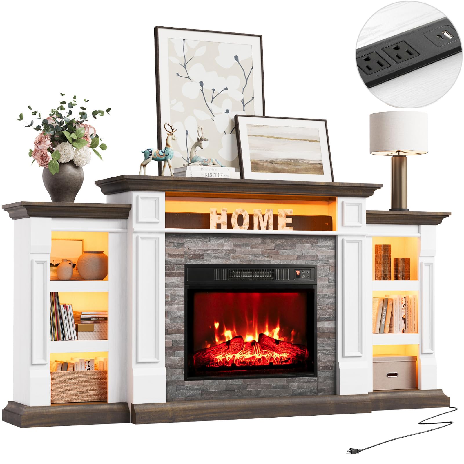 Naice 72" Electric Fireplace with Mantel and Cabinets, Fireplace TV Stand for Living Room Bedroom, Stacked Stone Surround and Remote Control 3D Realistic Flame, Black