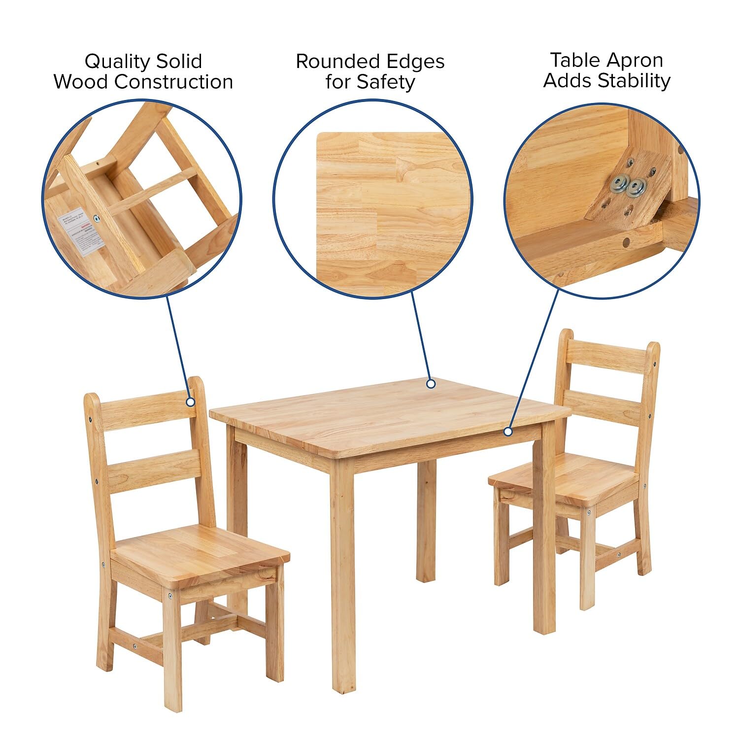 Flash Furniture Kyndl Kids Solid Hardwood Table and Chair Set for Playroom, Bedroom, Kitchen - 3 Piece Set - Natural