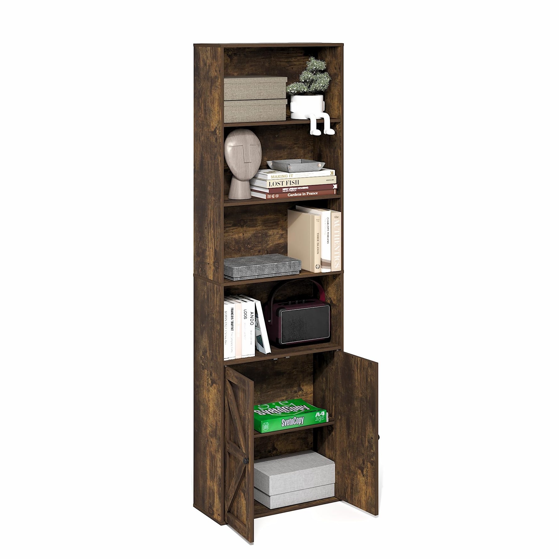 Furinno Jaya Book Shelf, 5-Tier Bookshelf, Bookcase with Adjustable Shelves, 9.5 x 24.5 x 71.2, for Organization and Storage, for Living Room, Bedroom, Home Office, Blackwood