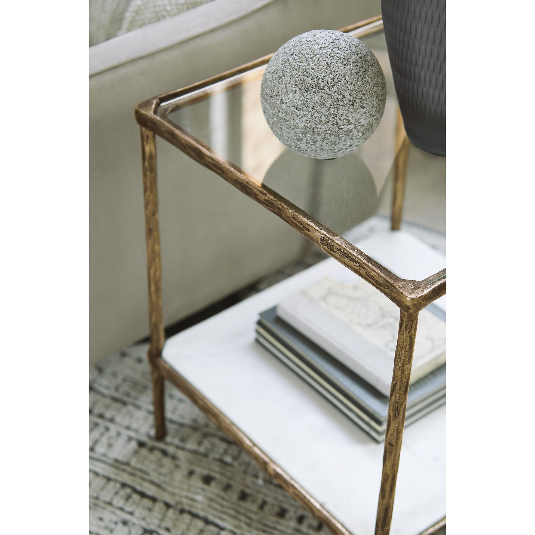 Signature Design by Ashley Ryandale Square Accent Table for Living Room, Sand‑Casted Aluminum Frame With Brass Finish, Glass Top and White Marble Shelf, 21" Size