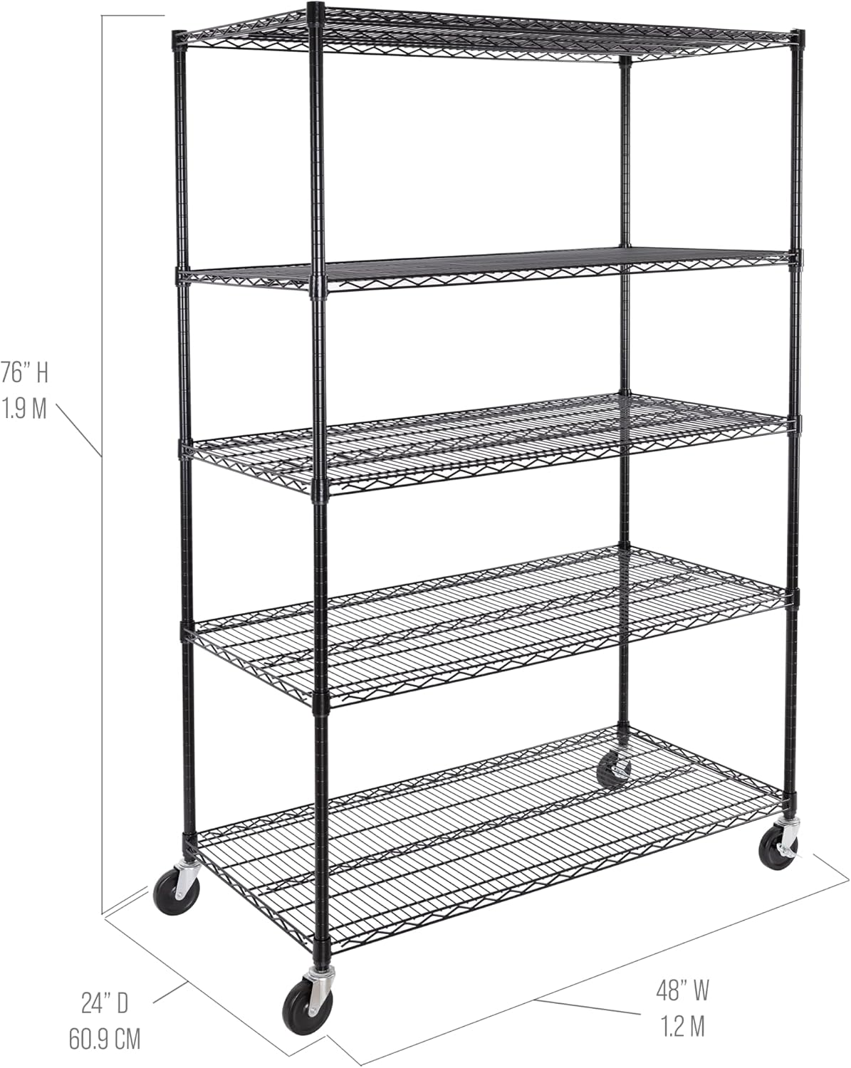 UltraDurable 5-Tier NSF Steel Wire Shelving, 48"W x 24"D x 76"H, Black | Heavy-duty commercial-grade solid steel wire storage rack featuring 800 pounds per shelf weight capacity