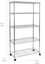 5-Tier Steel Wire Shelving, 30"W x 14"D x 61.5"H | Durable solid steel wire storage rack with adjustable shelves featuring 300 pounds per shelf weight capacity for home use