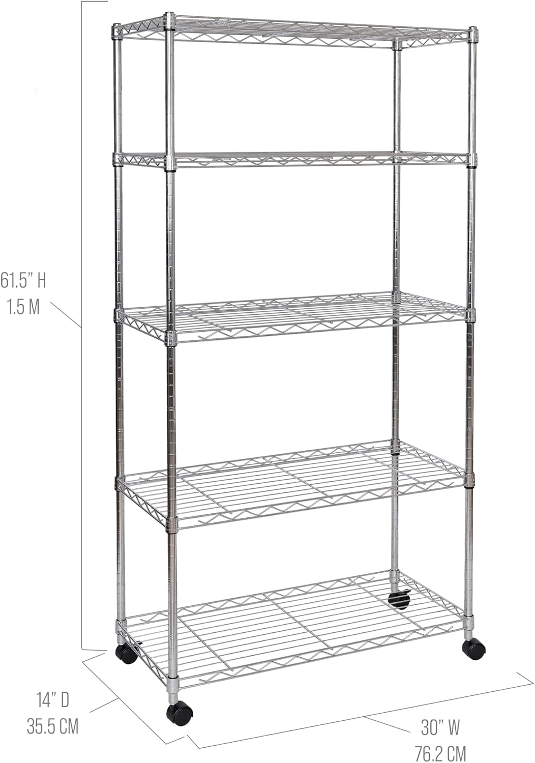 5-Tier Steel Wire Shelving, 30"W x 14"D x 61.5"H | Durable solid steel wire storage rack with adjustable shelves featuring 300 pounds per shelf weight capacity for home use
