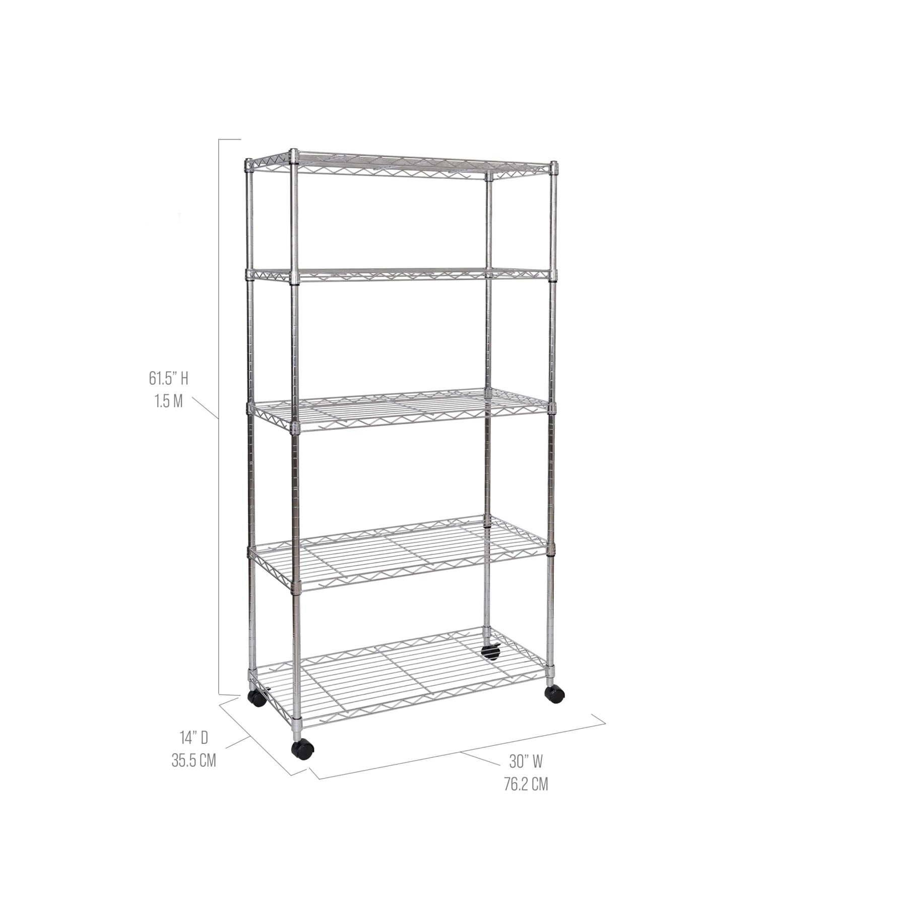 Seville Classics 5-Tier Wire Shelving with Wheels, 5-Tier, 30"" W x 14"" D (NEW MODEL), Chrome Plating, Plated Steel