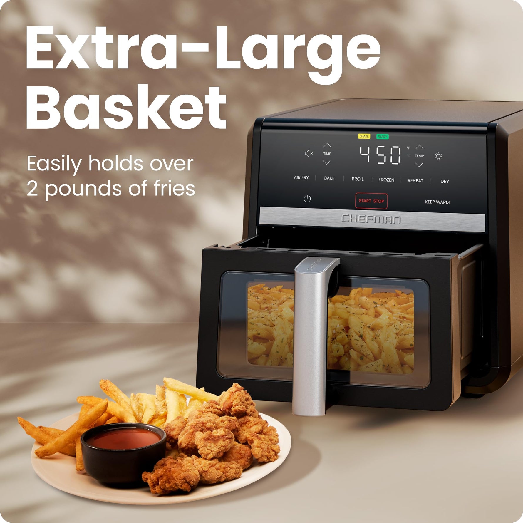 Chefman Air Fryer 9 Qt | TurboFry 7-in-1 High-Powered 450°F Cooking for Crispier and Even Results | XL Basket with Viewing Window | Air Fry, Bake, Broil, Reheat, Dehydrate, Defrost, Keep Warm