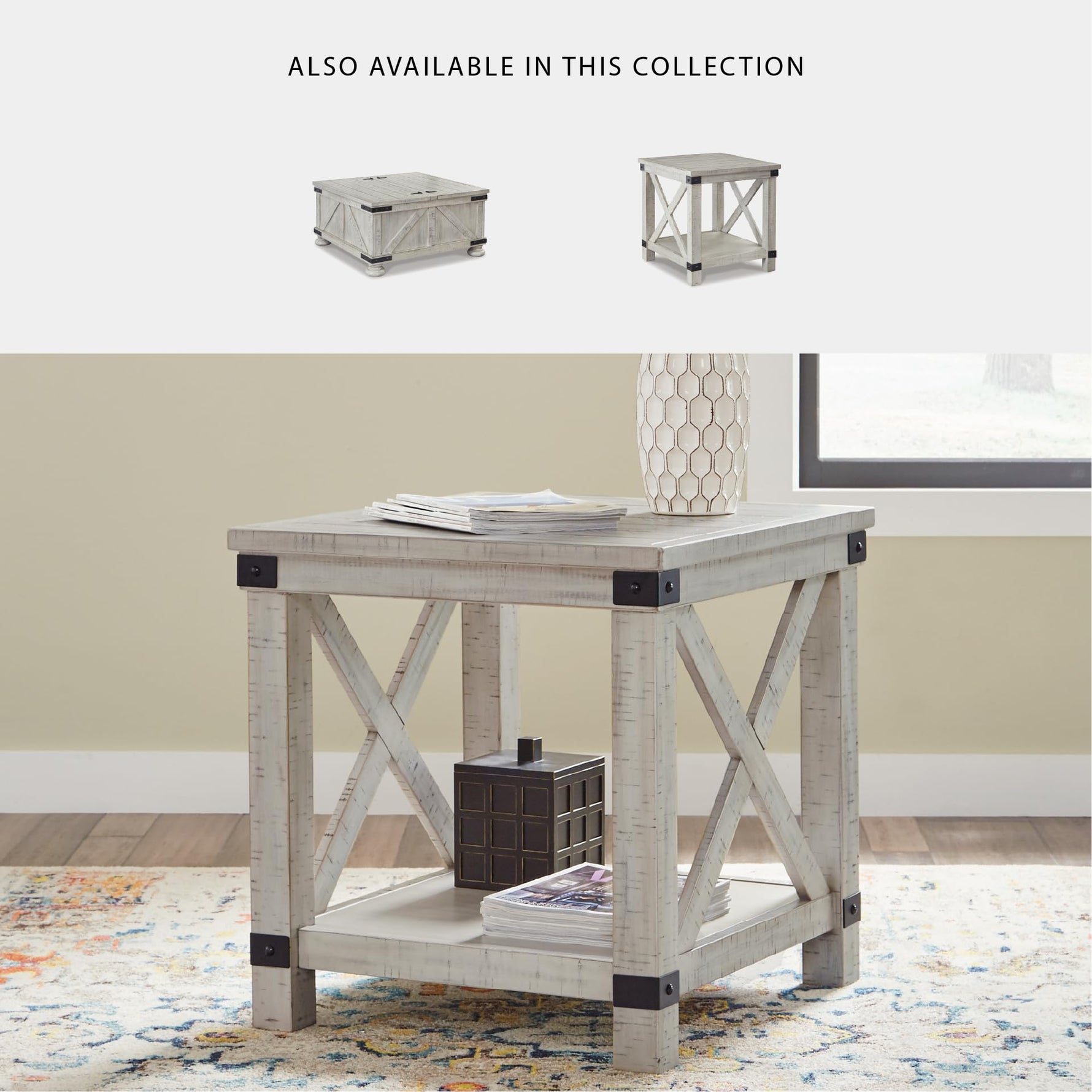 Signature Design by Ashley Aldwin Casual Farmhouse Rectangular End Table with Crossbuck Details, Metal Bracket Accents, Wood, 25" High, Weathered Gray