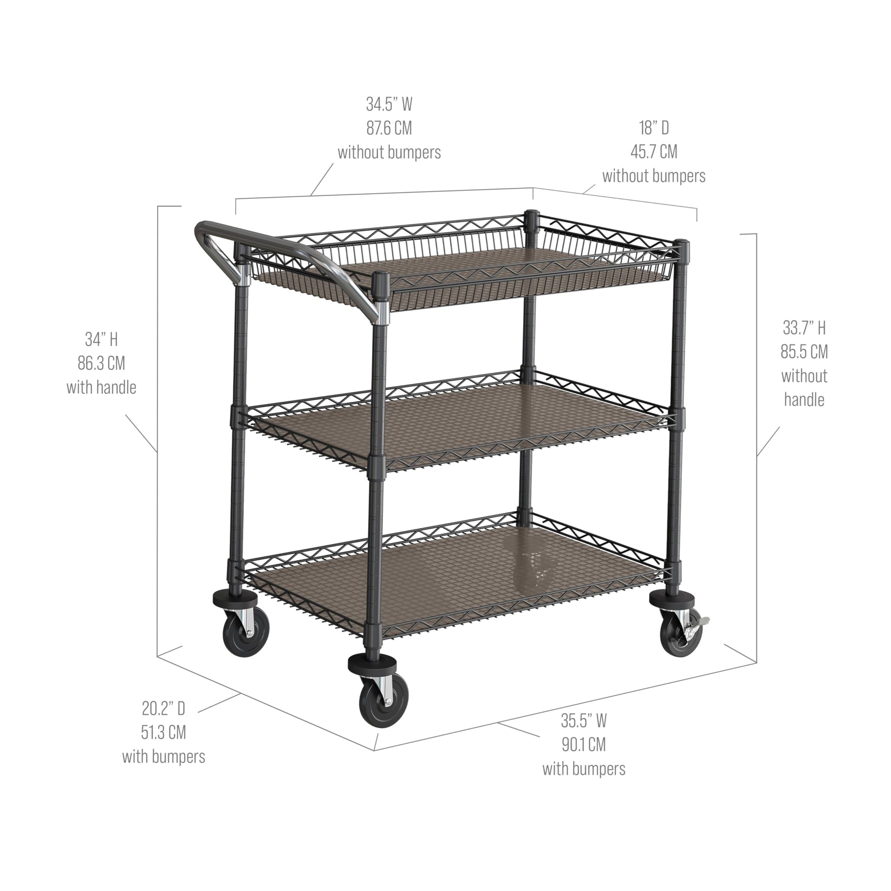 Seville Classics UltraDurable NSF Commercial Heavy Duty Metal Rolling Utility Cart, w/ Steel Shelves, Handle Bar for Restaurant, Garage, Warehouse, Kitchen, Office, Top Shelf (36"W x 18"D)