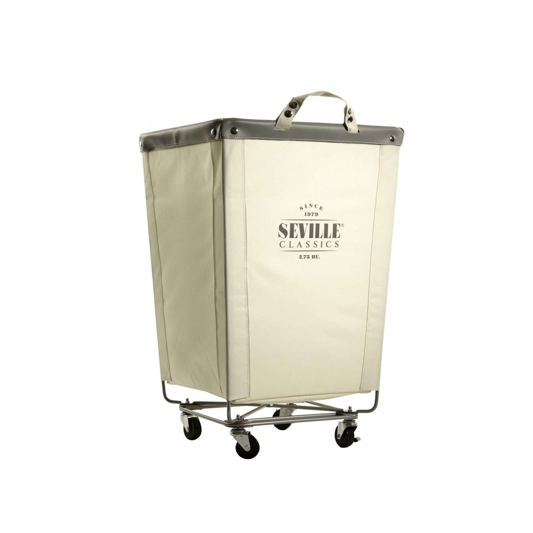 Corner Heavy-Duty Canvas Hamper w/Wheels, 24"W x 17.7"D, Natural White | Space-saving corner design holds 3 to 4 loads of laundry with a durable steel frame, smooth-rolling locking wheels