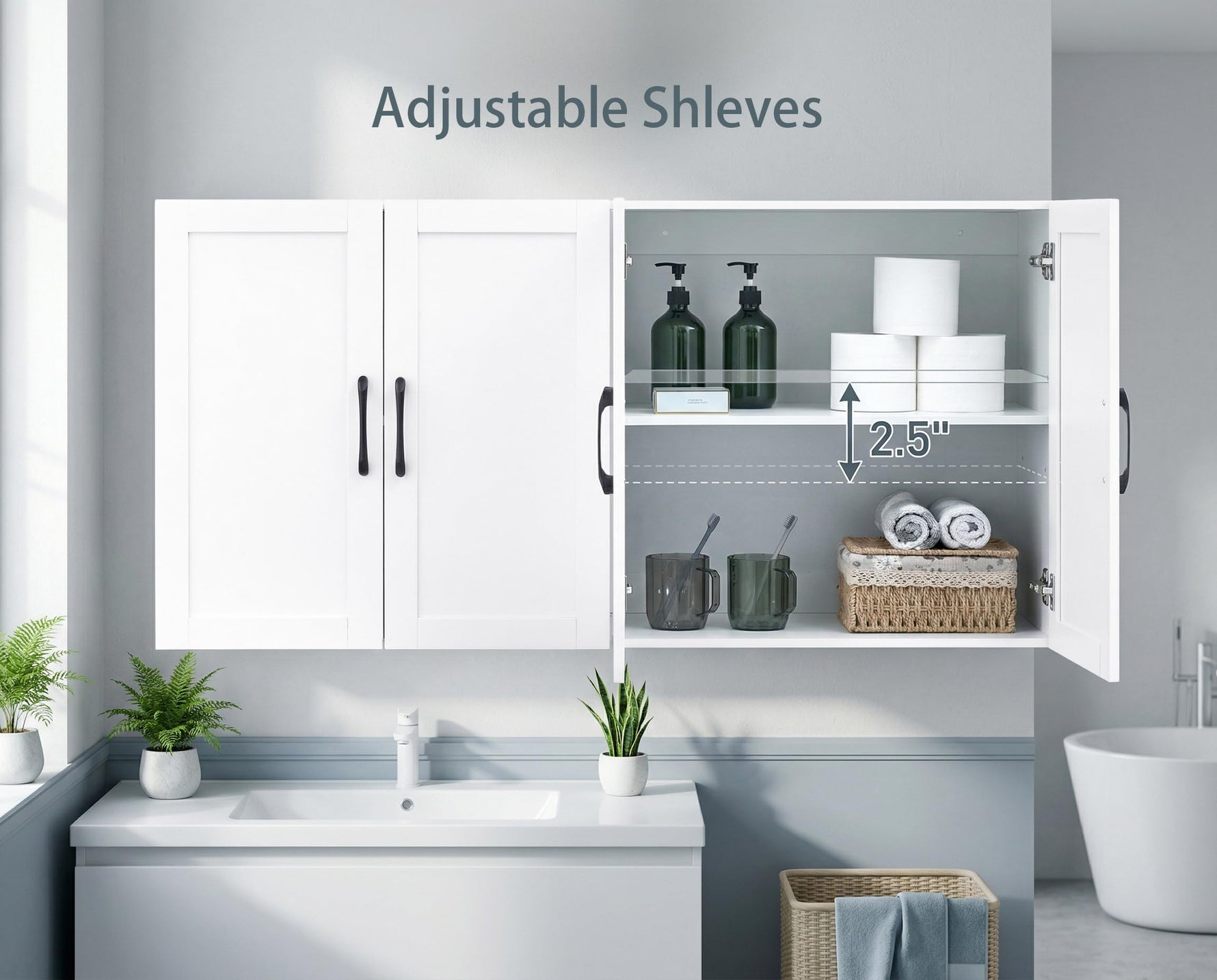 Wall Cabinet with Adjustable Shelves, Laundry Room Cabinet with 4 Doors, Kitchen Storage Cupboard Cabinet, Wall Mount Medicine Cabinet for Bathroom, Living Room, White