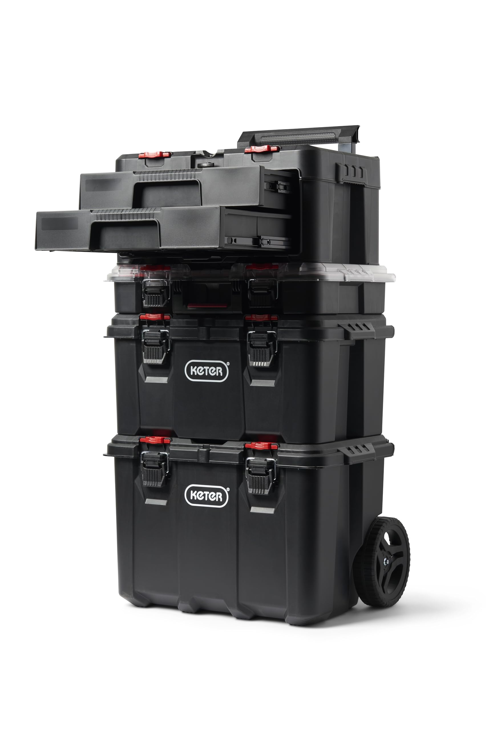 Keter Stack-n-Roll 3-Piece Rolling Tool Storage System – Includes Dolly, Tool Box & Deep Power Tool Case | Modular Mobile Tool Organizer | Stackable Design for Garage, Jobsite & Workshop