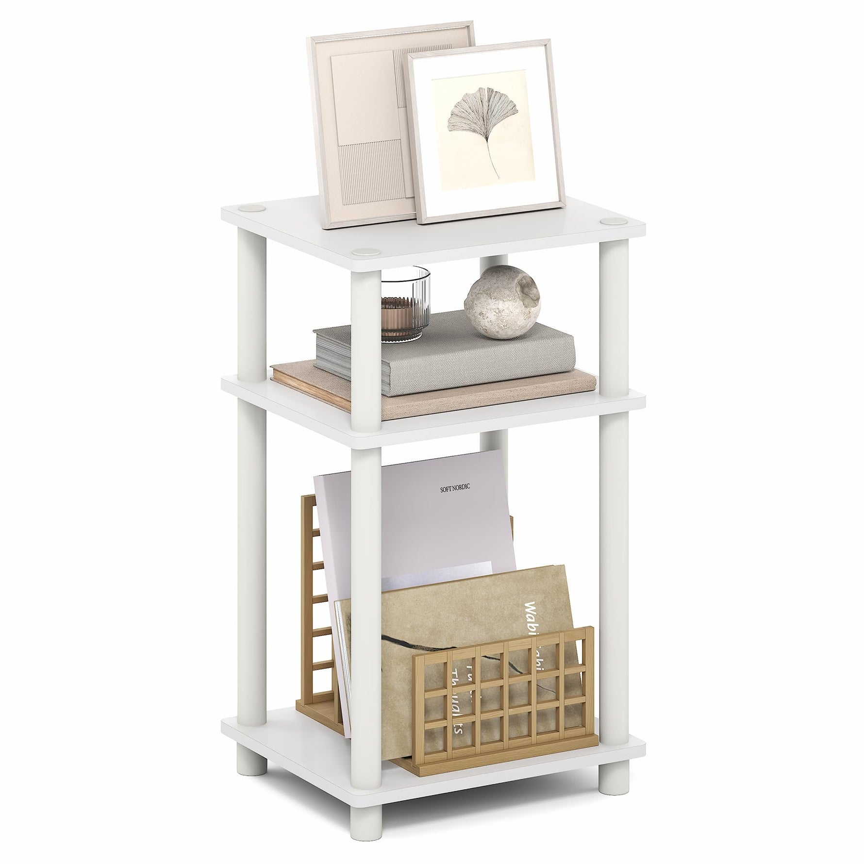 Furinno JUST Side Table, 3-Tier End Table, Open Shelves Night Stand, Bedside Table, Toolless Assembly, for Living Room, Bedroom, Bathroom, Columbia Walnut