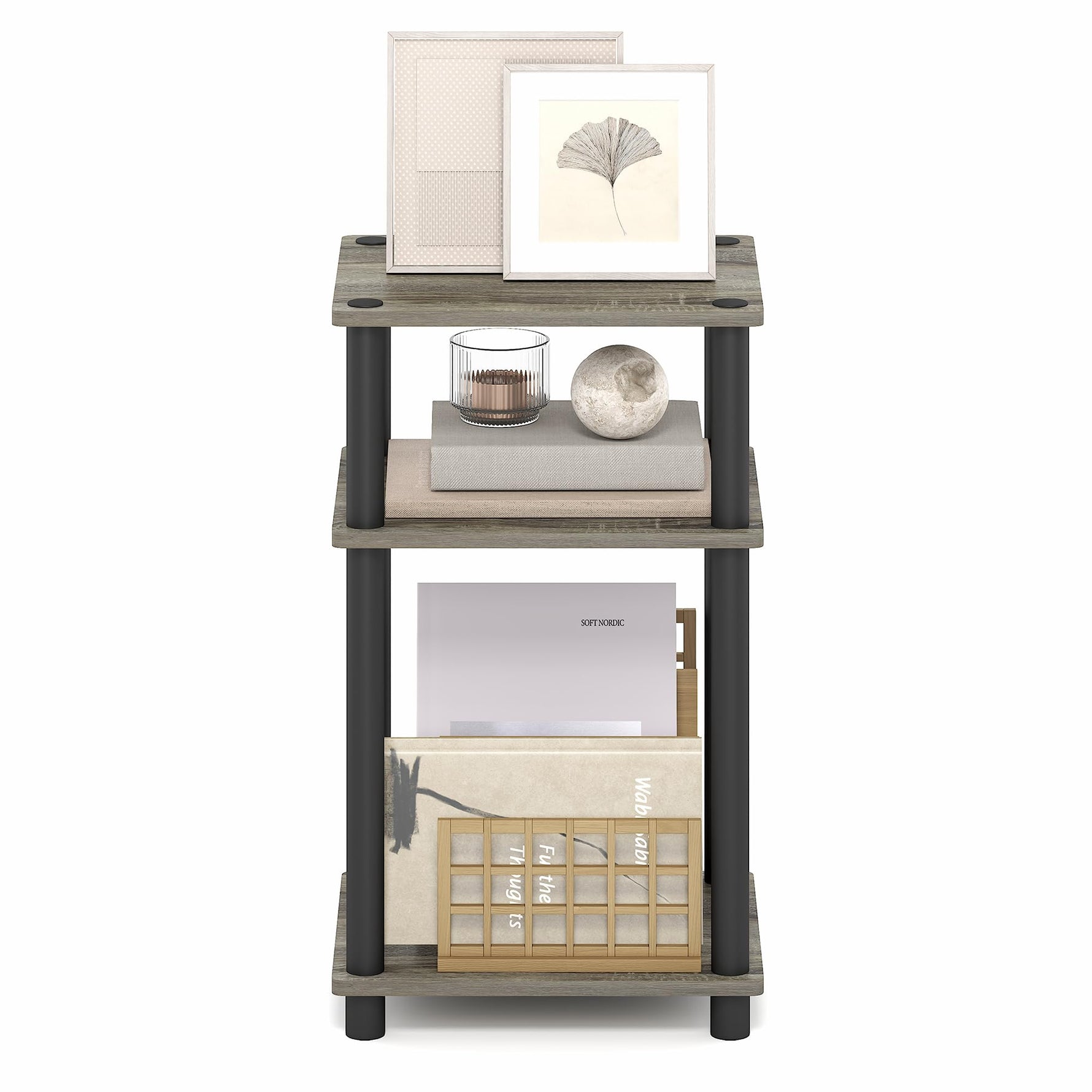 Furinno JUST Side Table, 3-Tier End Table, Open Shelves Night Stand, Bedside Table, Toolless Assembly, for Living Room, Bedroom, Bathroom, Columbia Walnut