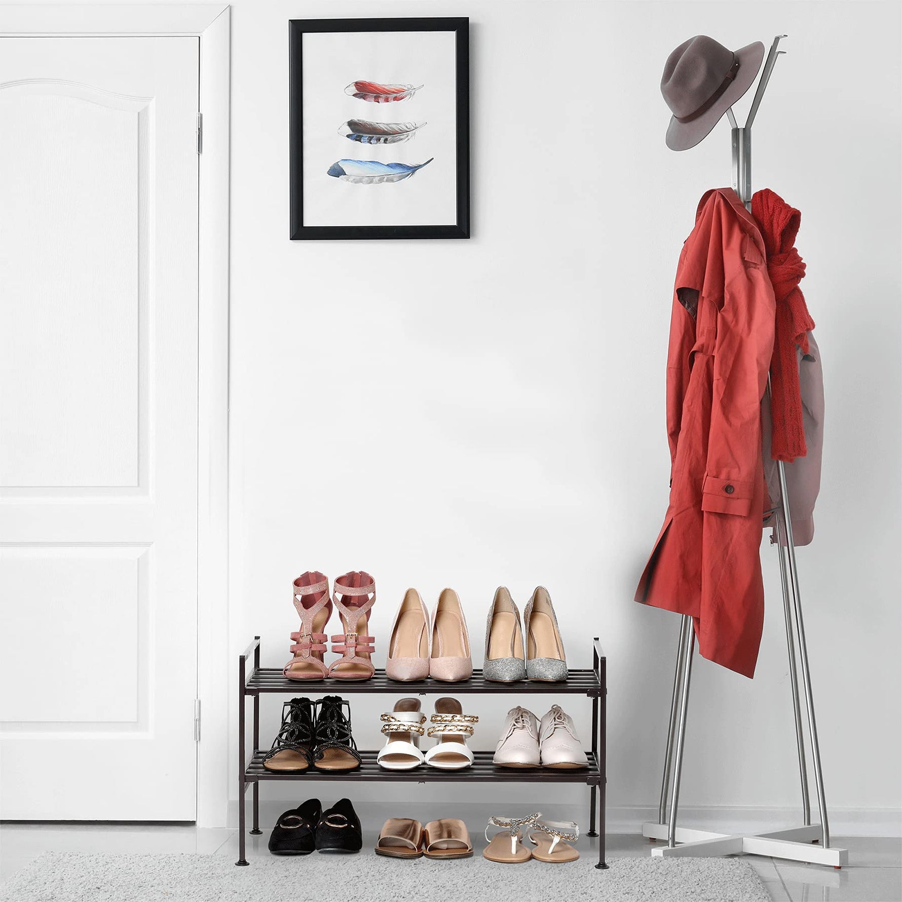 3-Tier Stackable 1" Slat Steel Frame Shoe Rack, 27.25"W x 12.75"D, Espresso | Interlocking modular design maximizes storage while the sturdy steel frame holds up to 12 pairs of shoes (Patented Design)