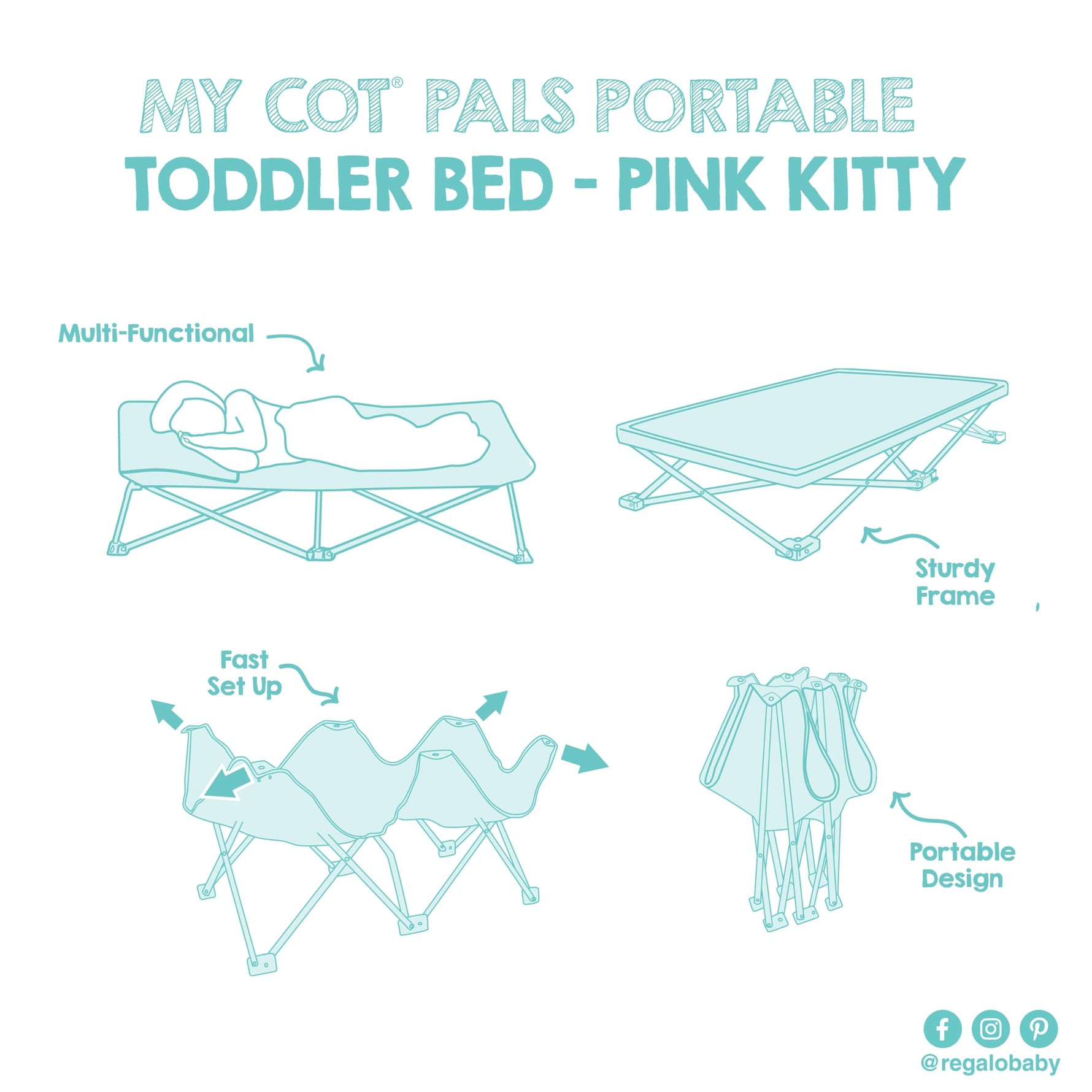 Regalo My Cot® Pals Portable Toddler Bed with Fitted Sheet & Pillow, Foldable Kids Travel Bed & Camping Cot, Cat Design, Ages 2–5, 46.5” x 24” x 9.5”, Pink