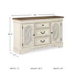 Signature Design by Ashley Realyn French Country Distressed Dining Room Server, 3 Drawers, 2 Cabinet Doors, Wood, 59" W x 17" D x 36.5" H, Chipped White