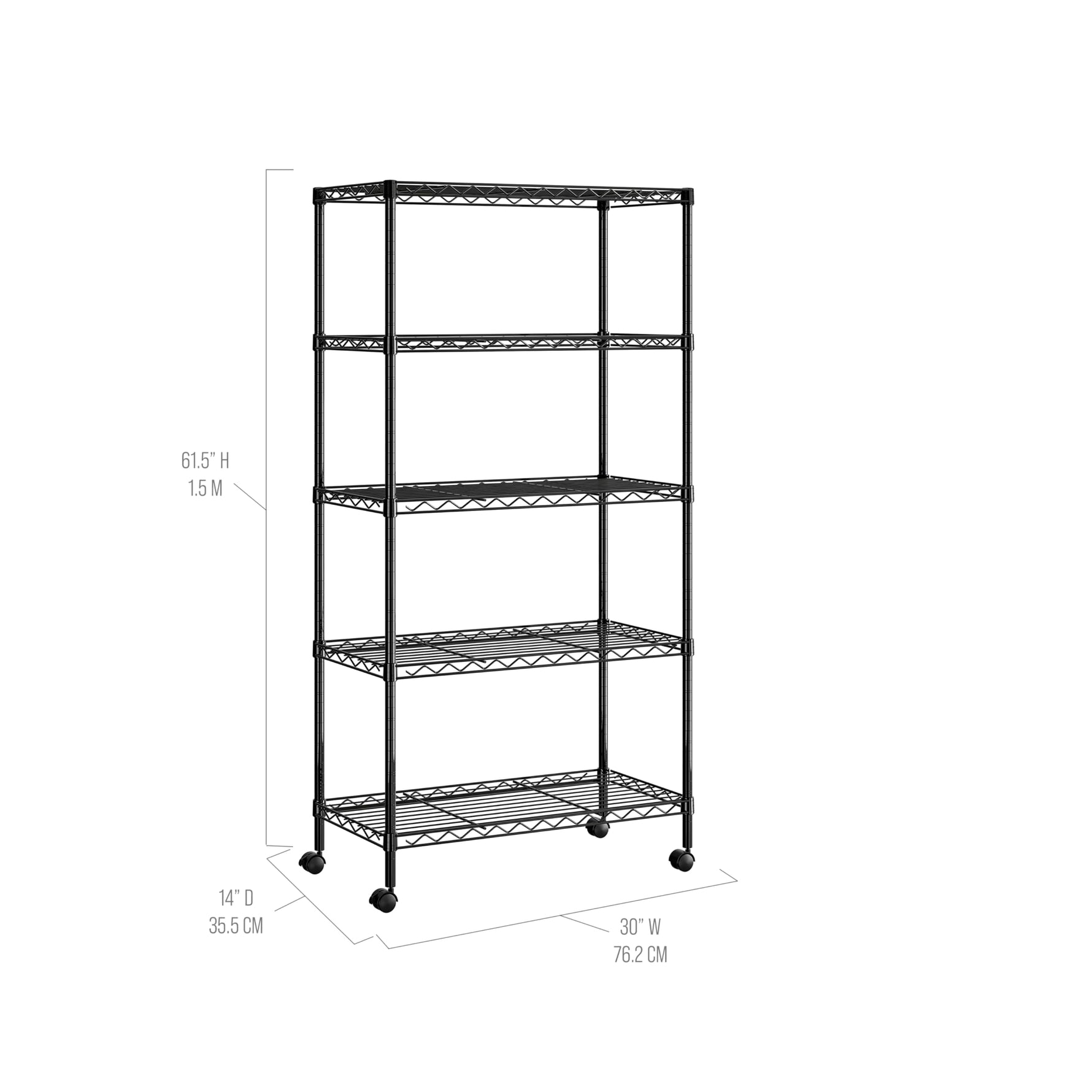 5-Tier Steel Wire Shelving, 30"W x 14"D x 61.5"H | Durable solid steel wire storage rack with adjustable shelves featuring 300 pounds per shelf weight capacity for home use