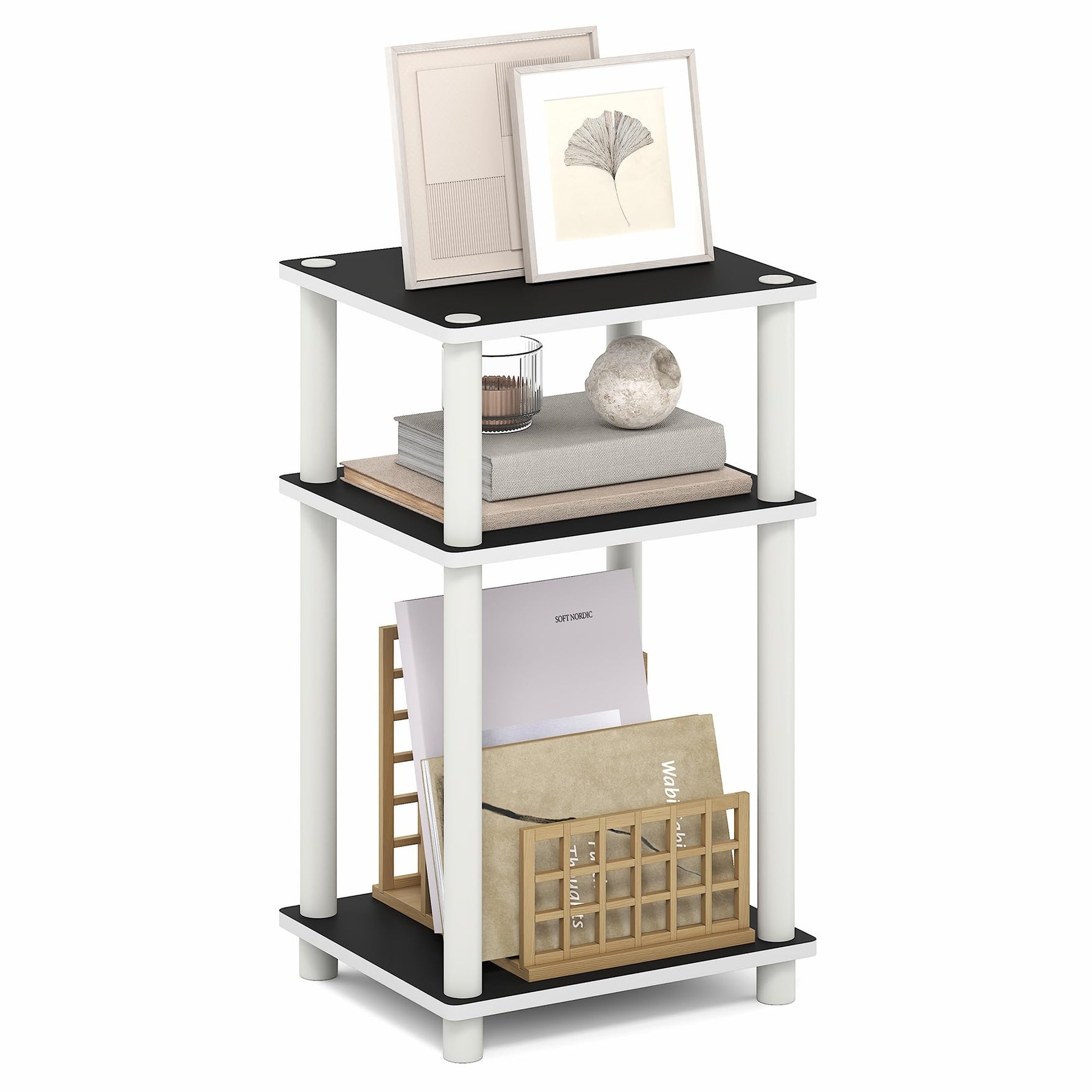 Furinno JUST Side Table, 3-Tier End Table, Open Shelves Night Stand, Bedside Table, Toolless Assembly, for Living Room, Bedroom, Bathroom, Columbia Walnut