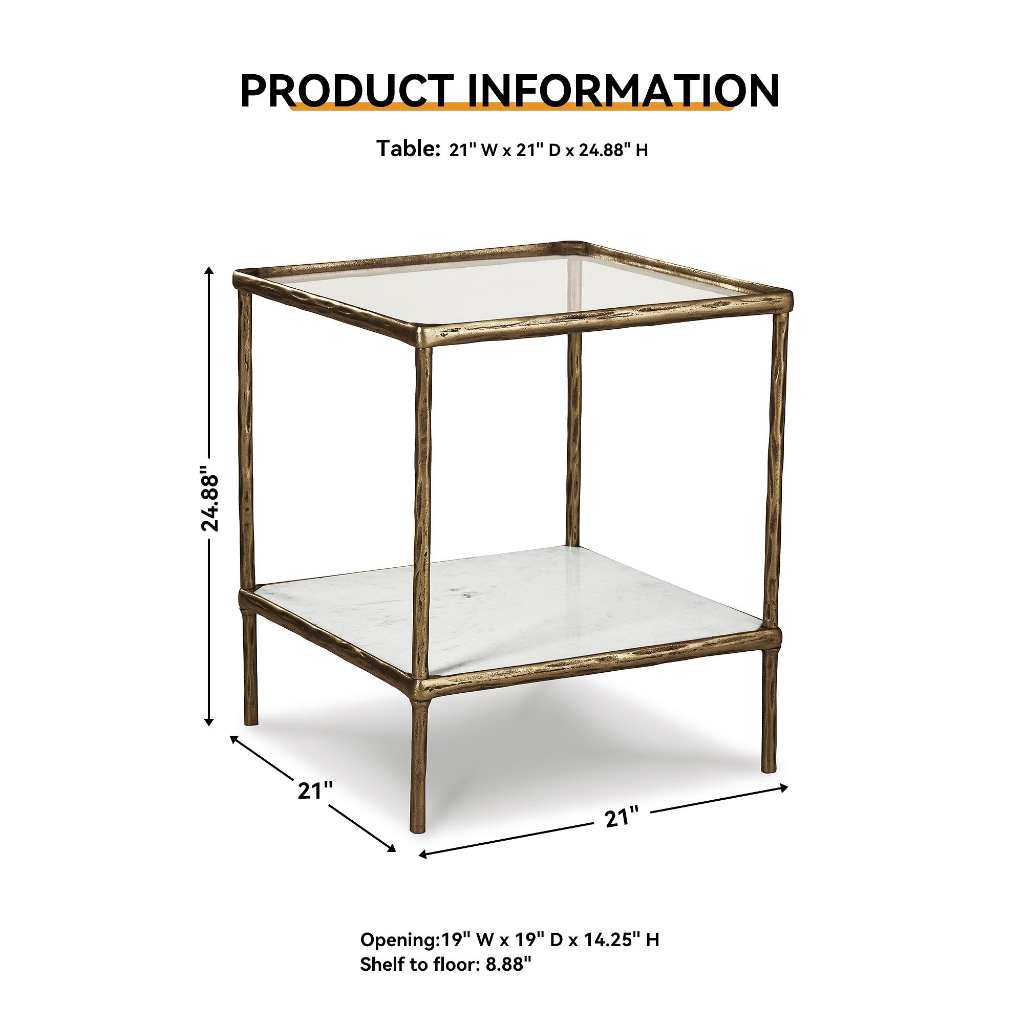Signature Design by Ashley Ryandale Square Accent Table for Living Room, Sand‑Casted Aluminum Frame With Brass Finish, Glass Top and White Marble Shelf, 21" Size