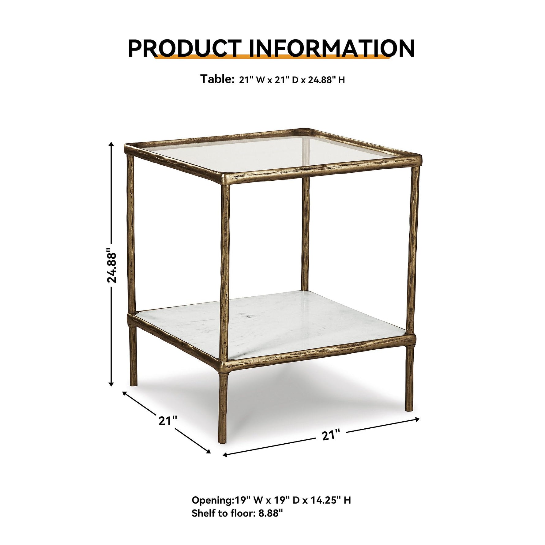 Signature Design by Ashley Ryandale Square Accent Table for Living Room, Sand‑Casted Aluminum Frame With Brass Finish, Glass Top and White Marble Shelf, 21" Size