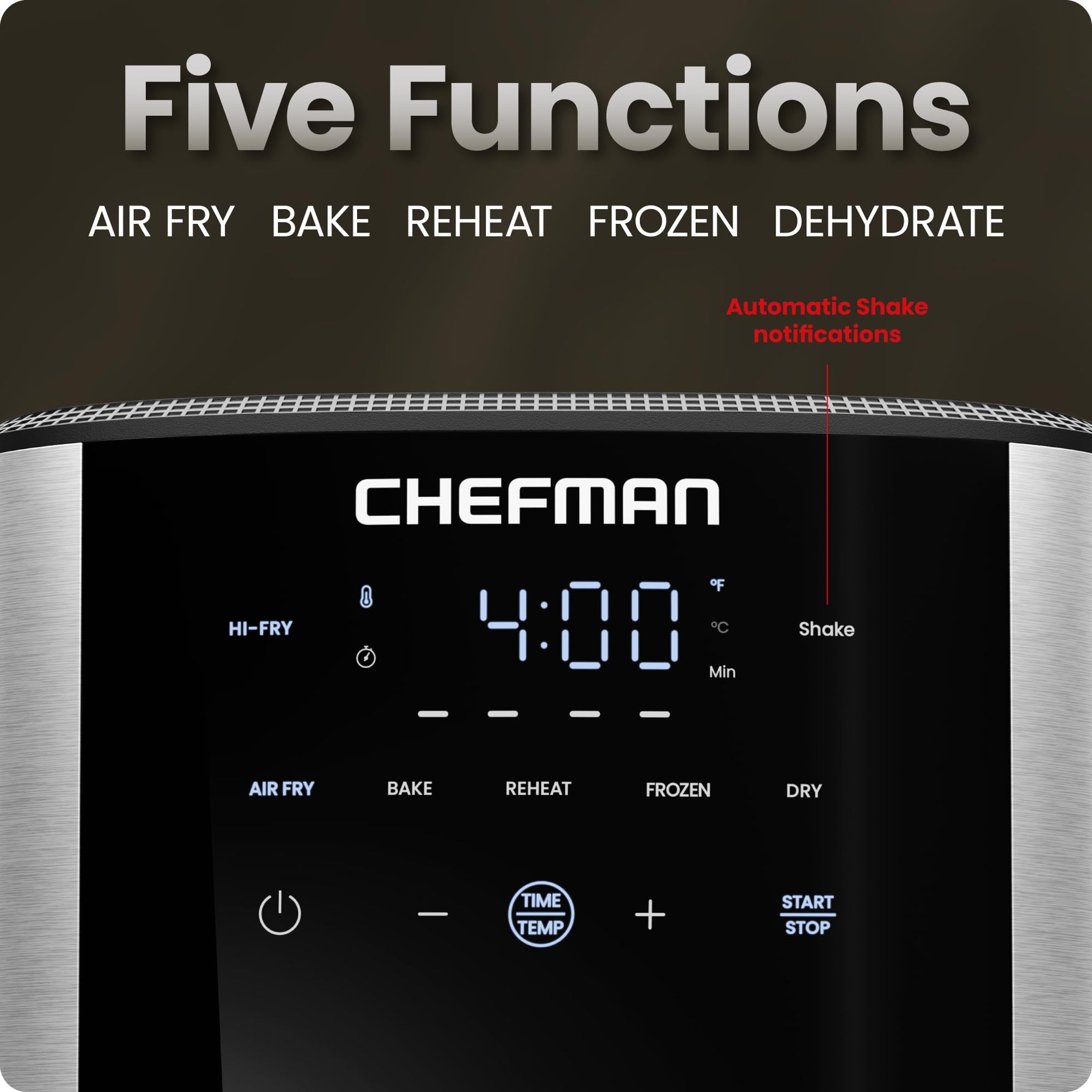 Chefman Air Fryer 8 Qt | TurboFry® 4-in-1 with 450°F Hi-Fry Option for Crispier Results | Bake, Dehydrate, Frozen | XL Nonstick Dishwasher-Safe Basket | Stainless Steel