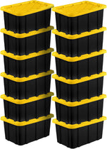 Sterilite Industrial Storage Tote with Lids for Garage, 27 Gallon, 4-Pack | Heavy-Duty and Stackable Utility Box Containers for Home, Office, and Basement Organization, Black/Yellow