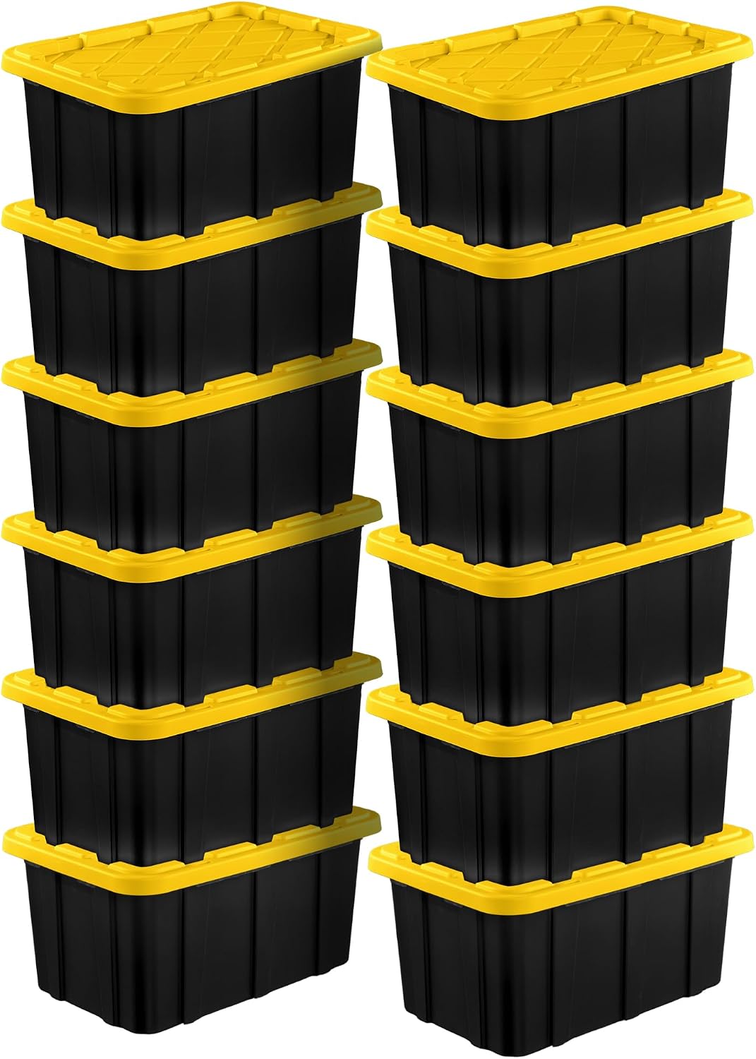Sterilite Industrial Storage Tote with Lids for Garage, 27 Gallon, 4-Pack | Heavy-Duty and Stackable Utility Box Containers for Home, Office, and Basement Organization, Black/Yellow