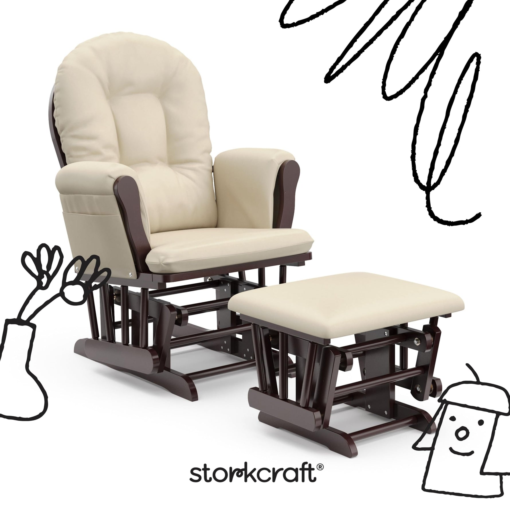 Storkcraft Premium Hoop Glider & Ottoman (Espresso with Beige) — GREENGUARD Gold Certified, Solid Wood Craftsmanship, Convenient Storage Pockets, Glider Rocking Chair for Nursery, Multi-Award-Winning