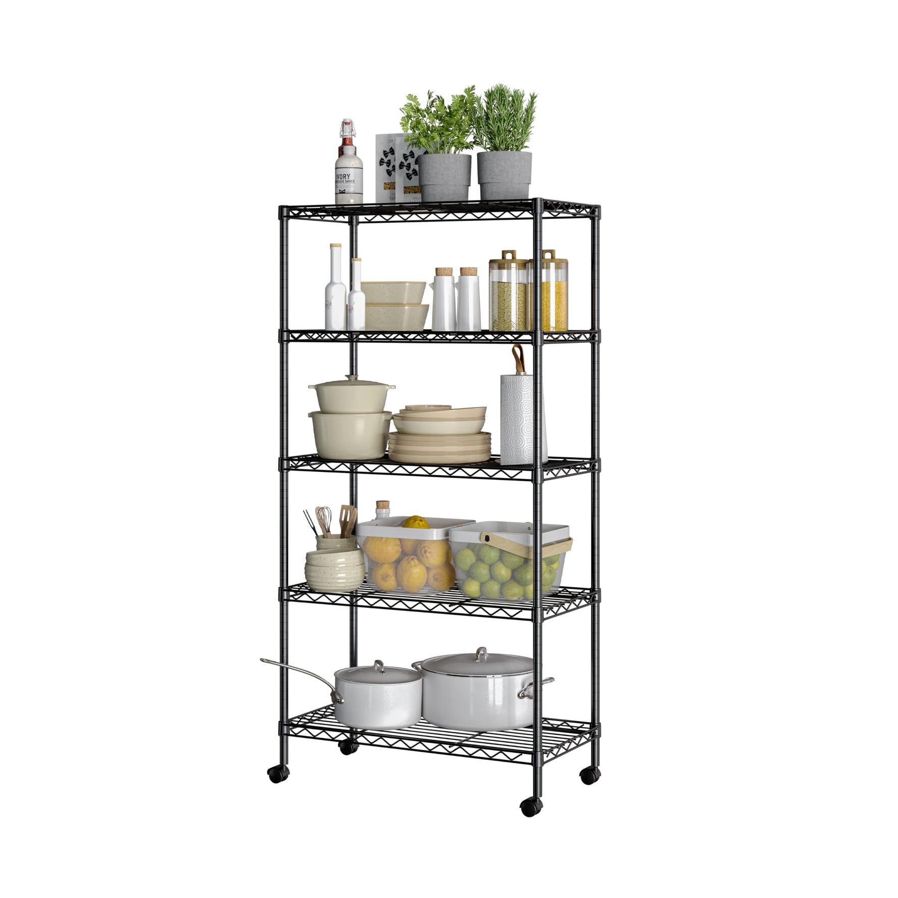 5-Tier Steel Wire Shelving, 30"W x 14"D x 61.5"H | Durable solid steel wire storage rack with adjustable shelves featuring 300 pounds per shelf weight capacity for home use