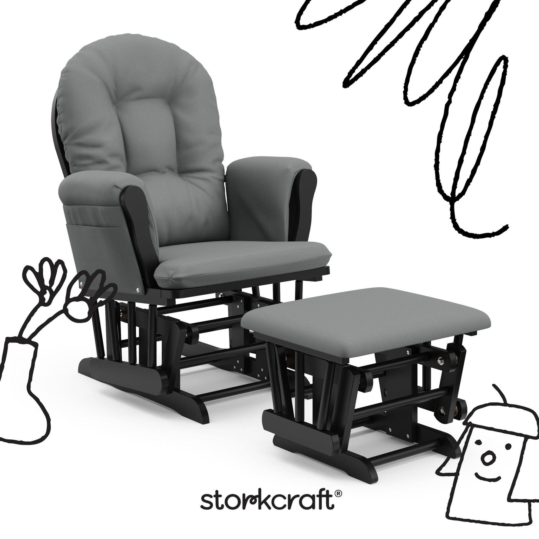 Storkcraft Premium Hoop Glider & Ottoman (Espresso with Beige) — GREENGUARD Gold Certified, Solid Wood Craftsmanship, Convenient Storage Pockets, Glider Rocking Chair for Nursery, Multi-Award-Winning