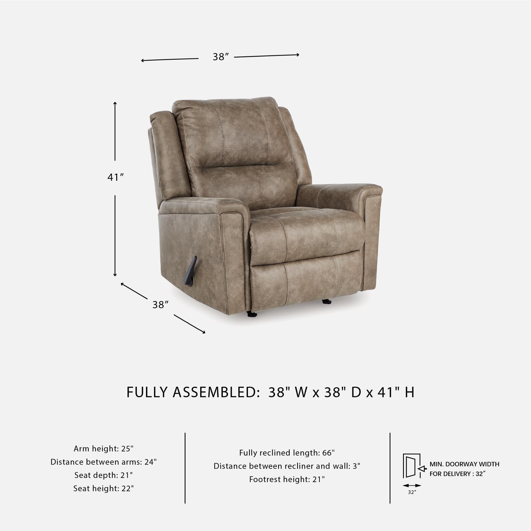 Signature Design by Ashley Skymaker Modern Faux Leather Manual Rocker Recliner with Track Arms, Dark Brown