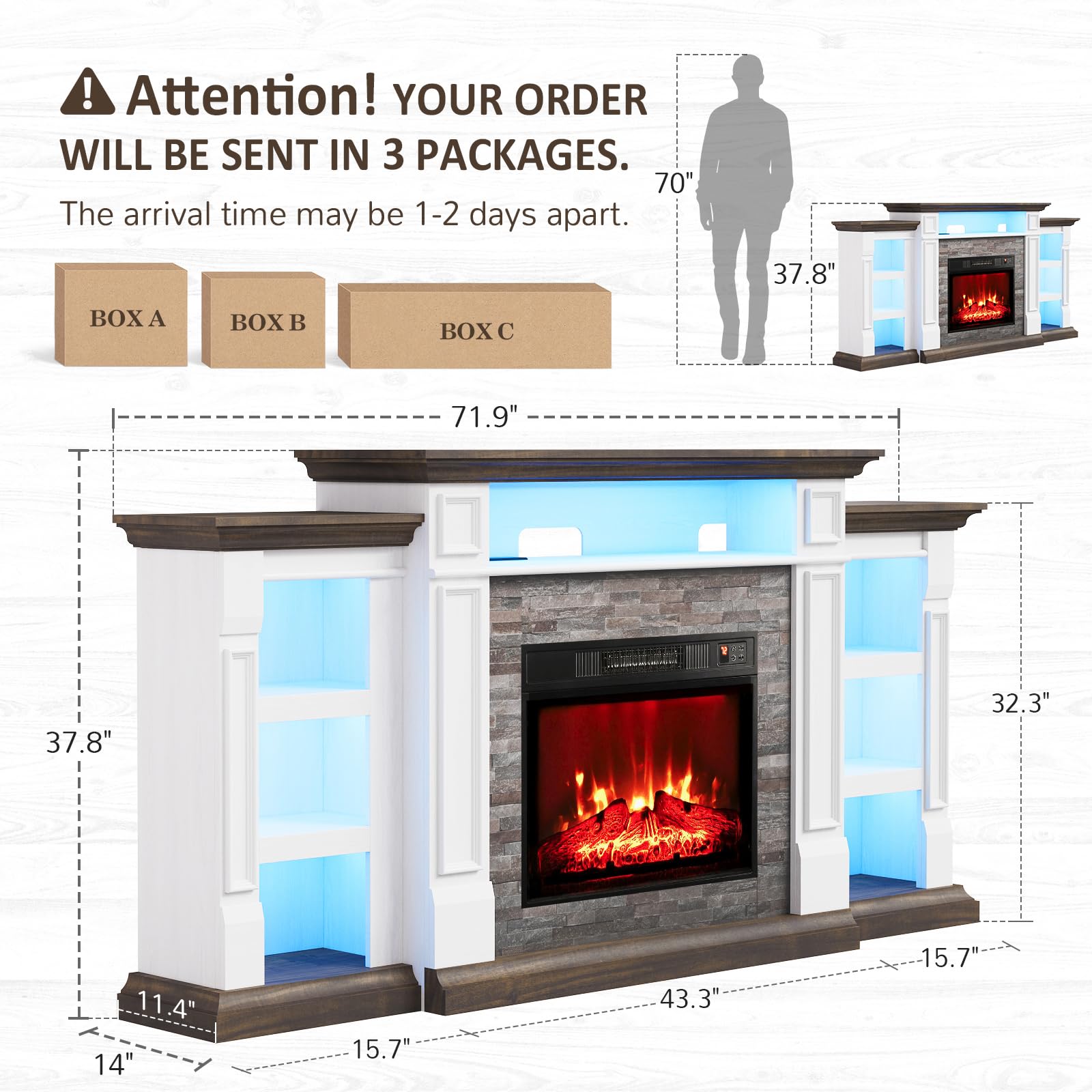 Naice 72" Electric Fireplace with Mantel and Cabinets, Fireplace TV Stand for Living Room Bedroom, Stacked Stone Surround and Remote Control 3D Realistic Flame, Black