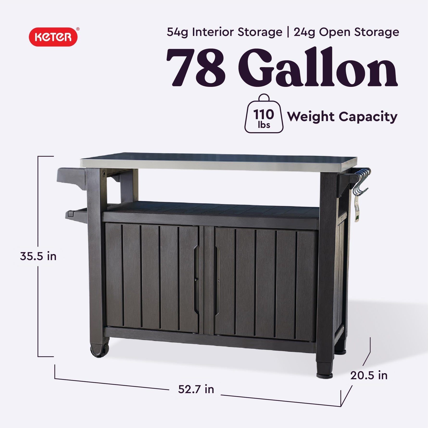 Keter Unity XL Portable Outdoor Table with Stainless Steel Top for Kitchen Prep and Outdoor Storage Cabinet for Grilling Accessories, Dark Grey