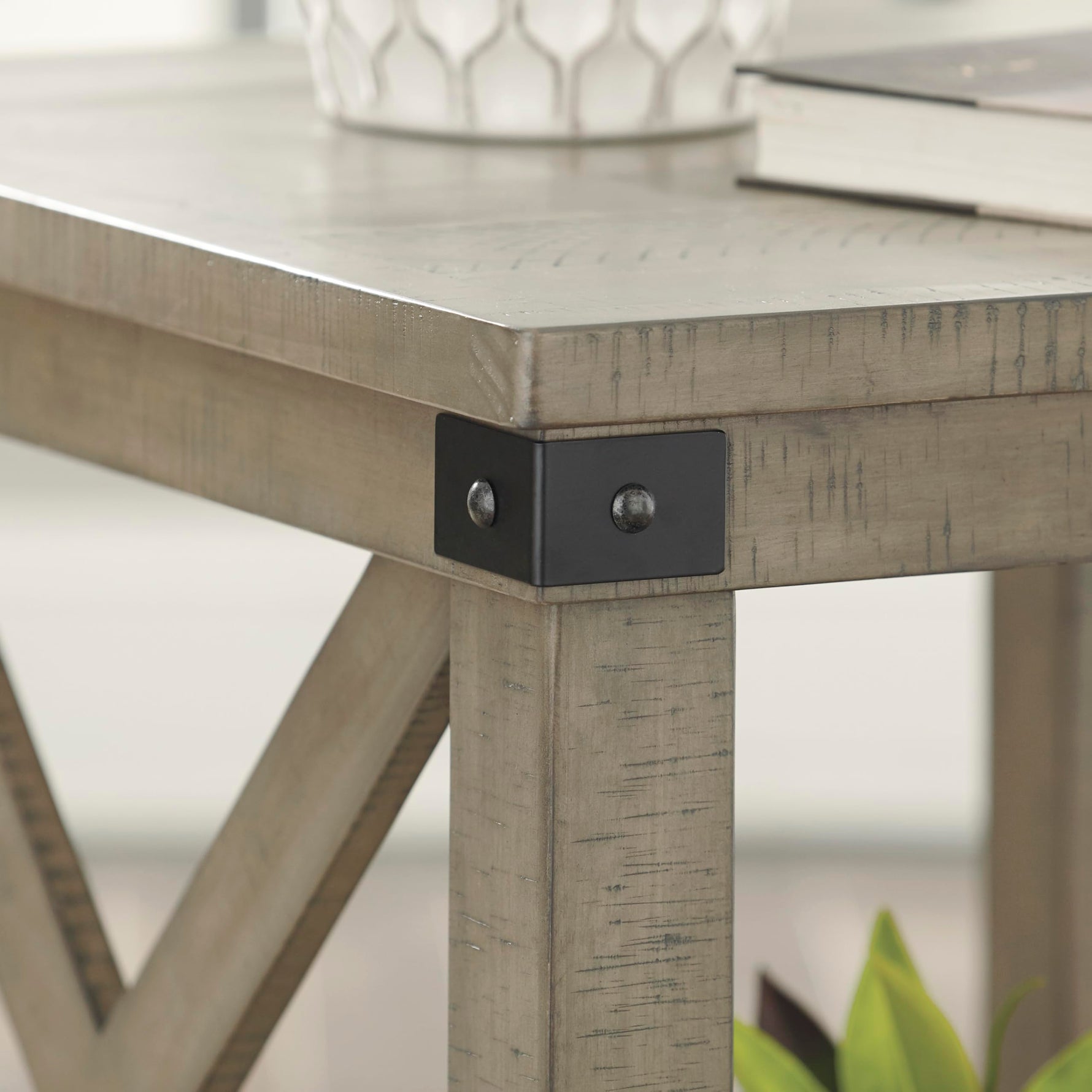 Signature Design by Ashley Aldwin Casual Farmhouse Rectangular End Table with Crossbuck Details, Metal Bracket Accents, Wood, 25" High, Weathered Gray