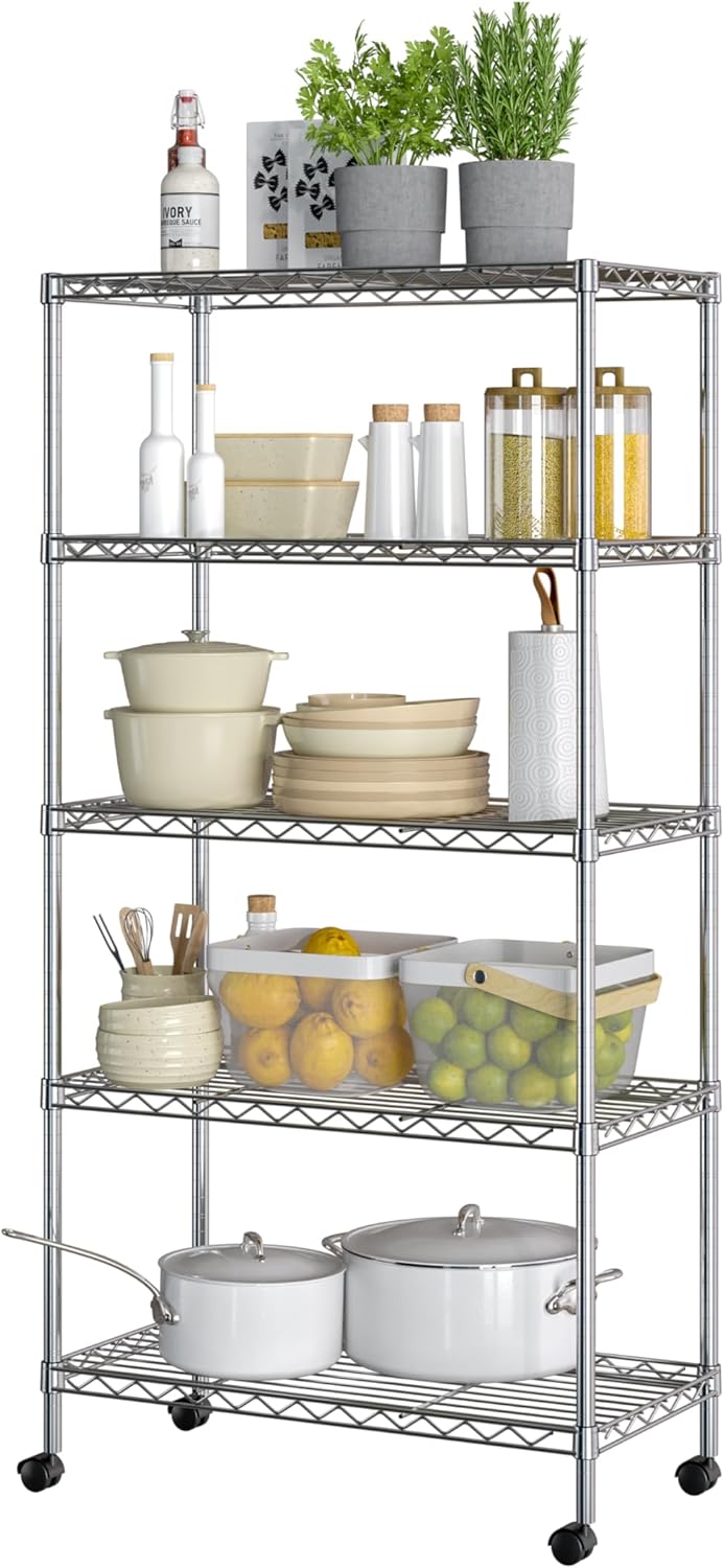 5-Tier Steel Wire Shelving, 30"W x 14"D x 61.5"H | Durable solid steel wire storage rack with adjustable shelves featuring 300 pounds per shelf weight capacity for home use