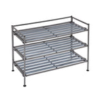 3-Tier Stackable 1" Slat Steel Frame Shoe Rack, 27.25"W x 12.75"D, Espresso | Interlocking modular design maximizes storage while the sturdy steel frame holds up to 12 pairs of shoes (Patented Design)
