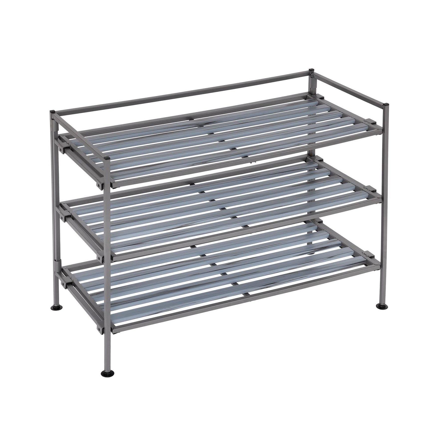 3-Tier Stackable 1" Slat Steel Frame Shoe Rack, 27.25"W x 12.75"D, Espresso | Interlocking modular design maximizes storage while the sturdy steel frame holds up to 12 pairs of shoes (Patented Design)