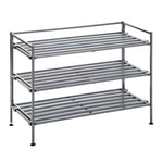 3-Tier Stackable 1" Slat Steel Frame Shoe Rack, 27.25"W x 12.75"D, Espresso | Interlocking modular design maximizes storage while the sturdy steel frame holds up to 12 pairs of shoes (Patented Design)