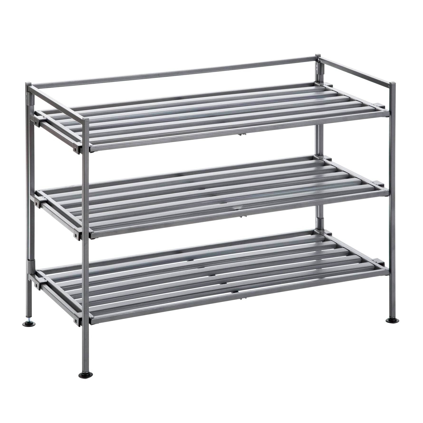 3-Tier Stackable 1" Slat Steel Frame Shoe Rack, 27.25"W x 12.75"D, Espresso | Interlocking modular design maximizes storage while the sturdy steel frame holds up to 12 pairs of shoes (Patented Design)
